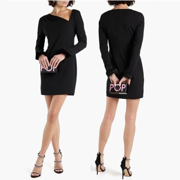 One33 Social Black Asymmetric Faux Fur-Trimmed Crepe Mini Dress - Picture 3 of 9